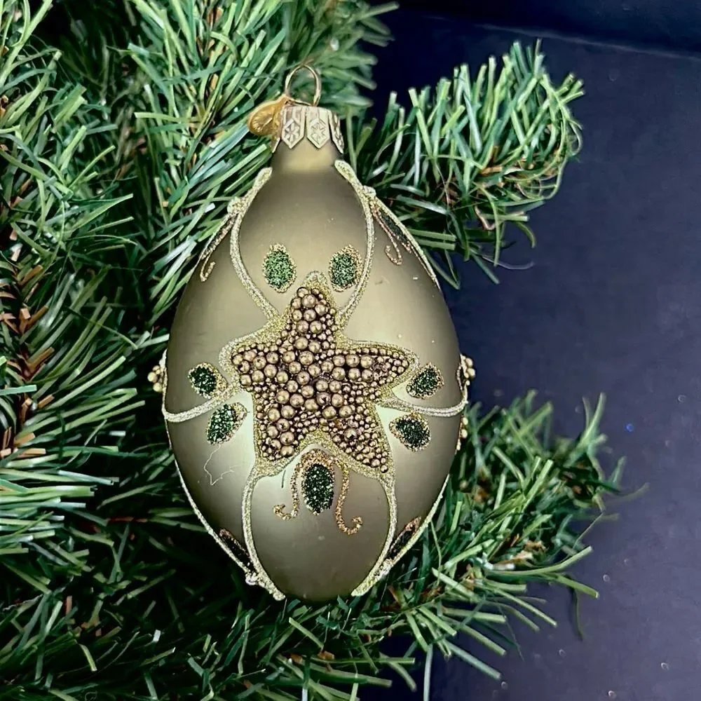 Department 56 Poland Glass Christmas Tree Ornament Olive Green Beaded